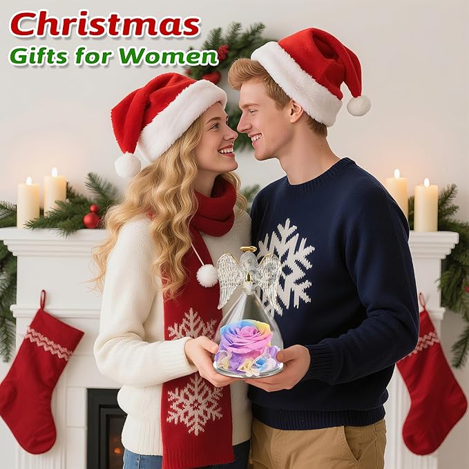 Yamonic Mom for Mom Grandma, Angel Figurines with Real Rose Birthday Gifts for Moms Women, Preserved Rose Flower Angel Figurines for Mothers Day Valentine's Day Gifts for Her(Rainbow)