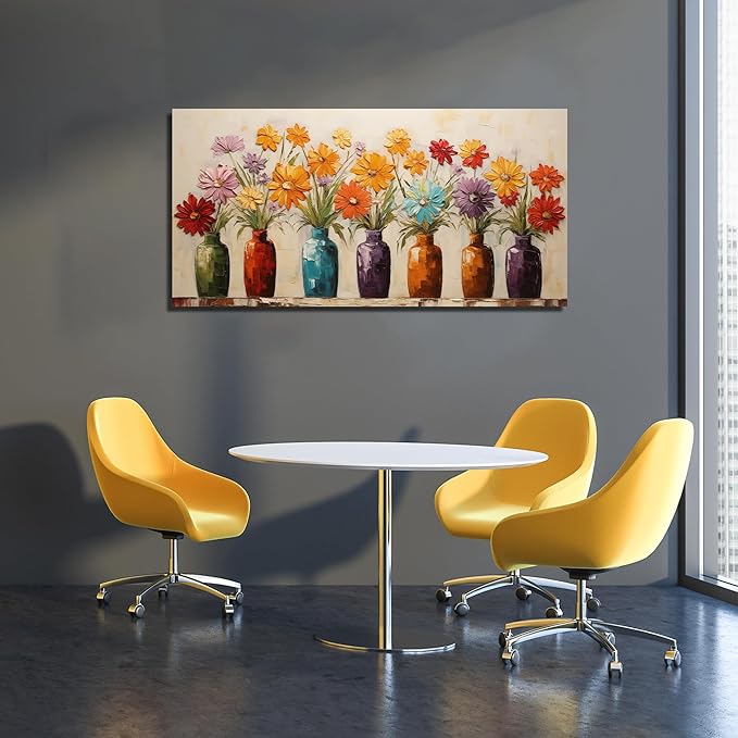 Colorful Daisy Floral Canvas Wall Art, Modern Abstract Flower in Vase Pictures for Living Room Bedroom Office Wall Decor, Horizontal Printed Painting Artwork Home Decorations, Size 40x20 Inches
