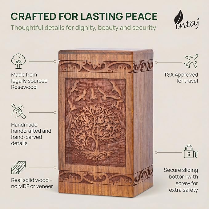 INTAJ Handcarved Wooden Cremation Urn for Human Ashes - Tree of Life Design, 250 lbs Capacity, Suitable for Adult Men and Women - Decorative Funeral Urn Box and Casket - Wooden Carved Box