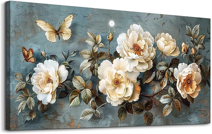 PHAOHUAXM Large Canvas Wall Art For Bedroom Wall Decorations For Living Room Office Decor Abstract Pictures White Flower Dining Room Painting Artwork Modern Framed Posters Home Decoration 24"x48"