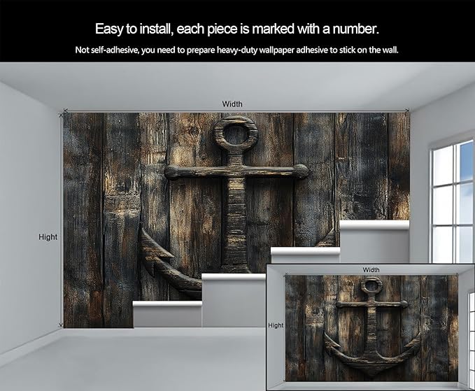 Nautical Anchor Wall Mural, Coastal Style Anchor 3D Wall Murals, Ocean Nautical Wallpaper Mural, for Living Room Bedroom Large Wallpaper Indoor Decor 197" W x124.8 H