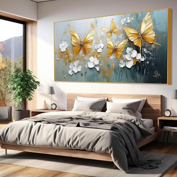 Butterfly Canvas Wall Art, Butterfly and Flower Wall Decor, Butterfly Prints, Abstract Textured Canvas Wall Art, Artwork for Walls, Oil Painting Wall Art, Wall Decor Living Room (Gold Frame, *55"x27"|140x70cm)