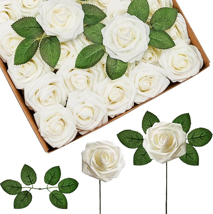InnoGear Artificial Flowers, 50 Pcs Ivory White Foam Fake Roses Bulk with Stems for Decoration DIY Wedding Bouquets Centerpieces Bridal Shower Party Christmas Tree