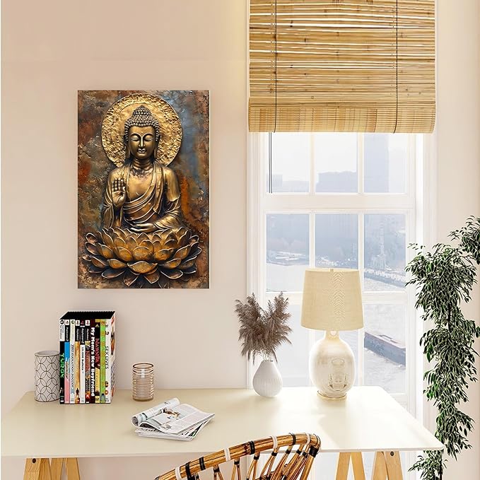 Buddha Wall Art Golden Buddha in Lotus Seat Serene spiritual statue radiant aura Meditation and mindfulness wall art suitable for sacred spaces 20x30in Wood Framed