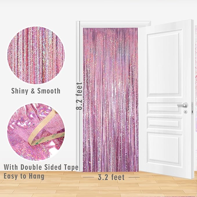 GOER 2 Pack 3.2 ft x 8.2 ft Metallic Tinsel Foil Fringe Curtains Party Photo Backdrop Party Streamers for Birthday,Graduation,New Year Eve Decorations Wedding Decor (Laser Pink)