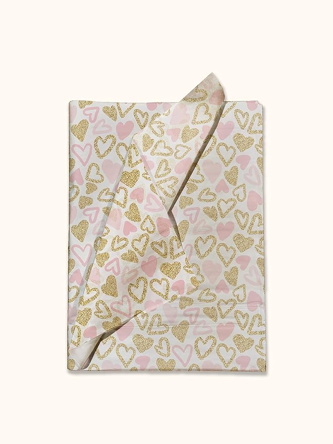 Pro Supply Global Pink and Gold Hearts Printed Tissue Paper for Valentine's Day Gift Bags or Boxes and Wrapping - Bulk Decorative Art Tissue Paper for Packaging and Gifting | 24 Sheets 20" x 30"