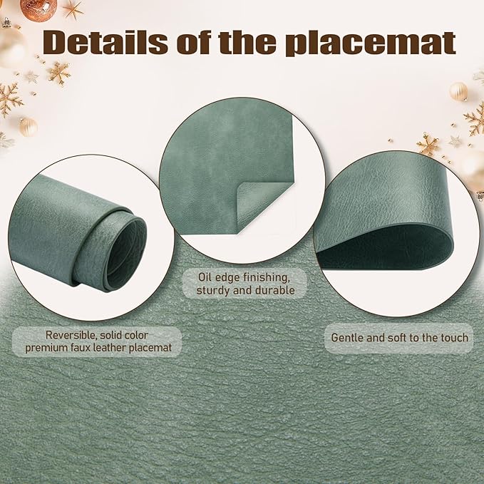 UnivoColors Washed Cowhide Pattern PU Leather Placemats Set of 6 Heat Resistant Kitchen Table Mats, Waterproof Wipeable for Party Decoration(Green)