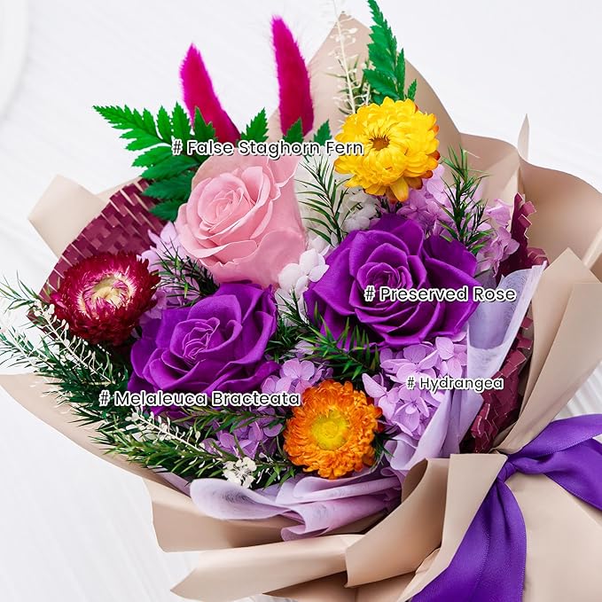 Forever Flowers Gifts for Her, Preserved Flowers Bouquet Birthday Gifts for Women, Preserved Roses for Grandma Wife Anniversary Valentine's Day Mother's Day (Purple Paper)