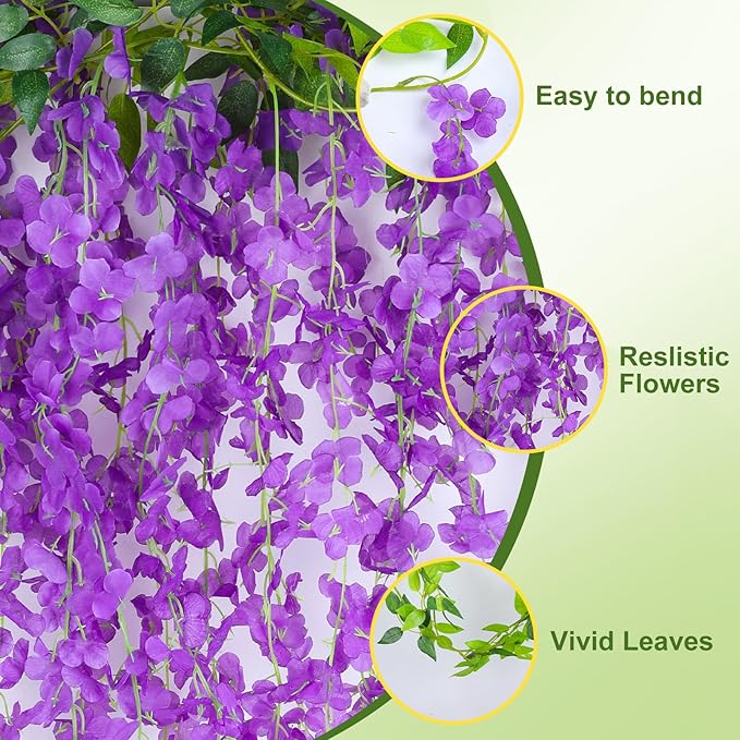Wisteria Artificial Flowers Garland，10Pcs Total 60ft Silk Fake White Wisteria Flowers Hanging for Home Garden Wedding Arch Party Indoor Outdoor Decor(10,Purple)