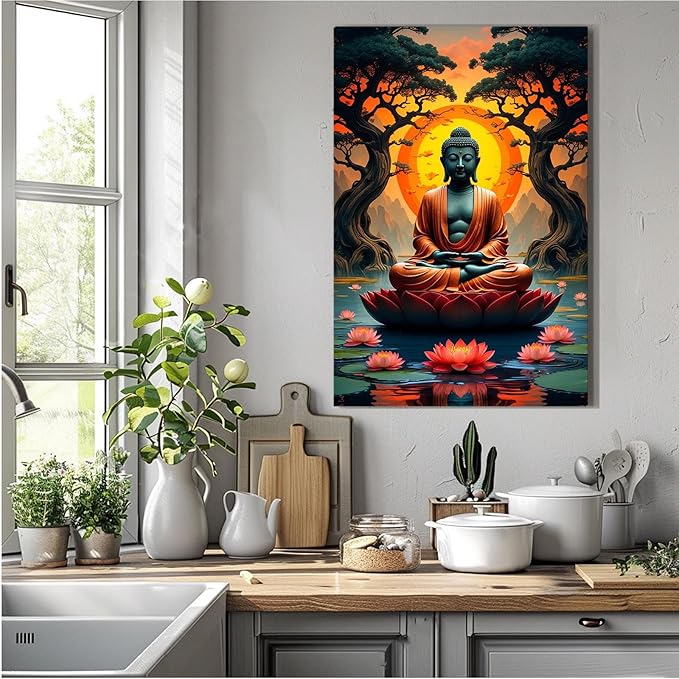 Canvas wall art Golden Buddha on lotus at sunset Ancient trees with reflections on water Serene meditation scene Uplifting wall art for mindfulness and tranquil home decor 16x24in Wood Framed