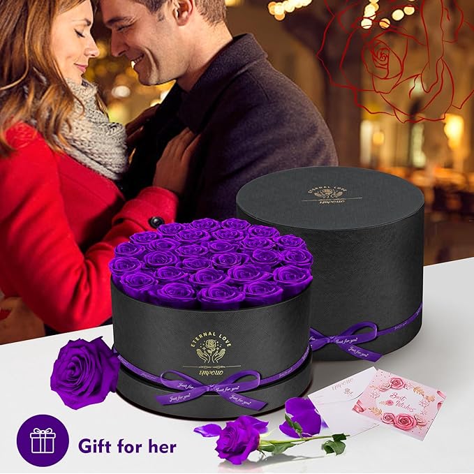 Forever Flowers, 27 Roses in A Box, Real Preserved Roses, Birthday Gift for Women, Mother's Day, Anniversary, Purple Rose