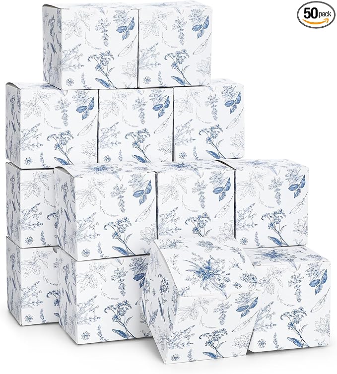 TecUnite 50 Pcs 3x3x3'' Blue Floral Paper Gift Candy Boxes Chinoiserie Flower Paper Gift Box Small Blue White Hydrangea Party Packaging Bag for Wedding Birthday Cardstock Shower Party Supply Decor