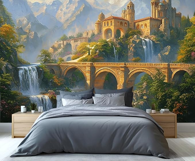 Fantasy Castle Wall Mural, Magical Waterfall Landscape 3D Wall Murals, Royal Palace Wallpaper Mural, for Living Room Bedroom Large Wallpaper Indoor Decor 177.16" W x120 H