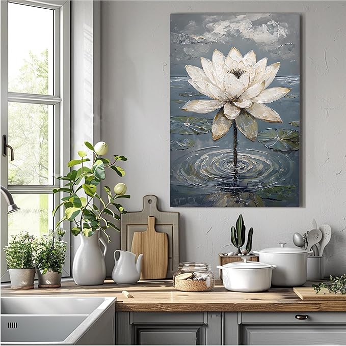 Stunning white lotus emerges from prismatic water with delicate petals background Serene aquatic wall art suitable for modern minimalist decor 32x48in Frameless