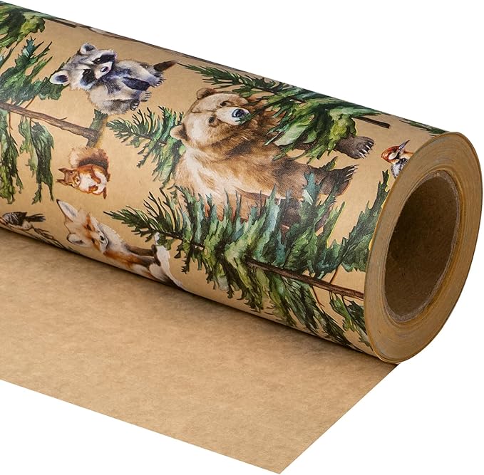 WRAPAHOLIC 30 Inch Kraft Christmas Wrapping Paper - 30 Inch x 33 Feet - Wild Animal Winterfall Watercolor and Christmas Tree Wrapping Paper Perfect for Holiday, Party Celebration