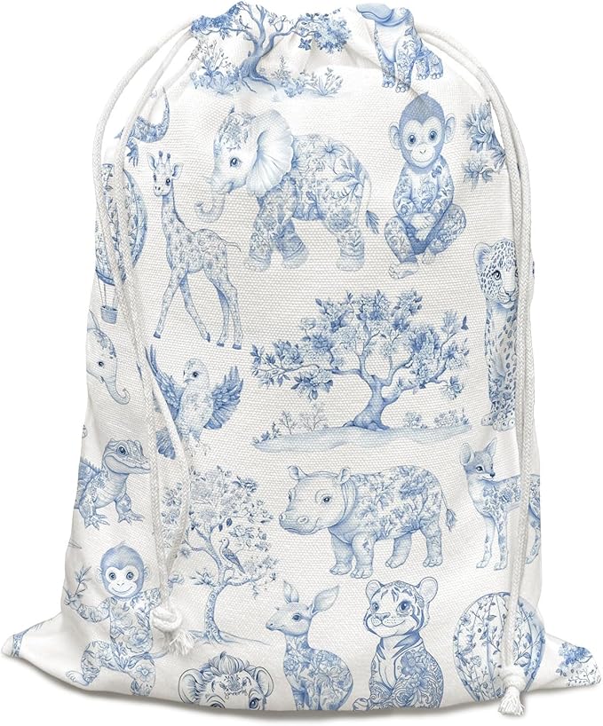 DSHFG Blue Birthday Drawstring Gift Wrap Bags, Safari Toile Chinoiserie Animals Baby Shower Drawstring Gift Bags Canvas, Blue and White Small Happy Birthday Bag, 10x13 Inch