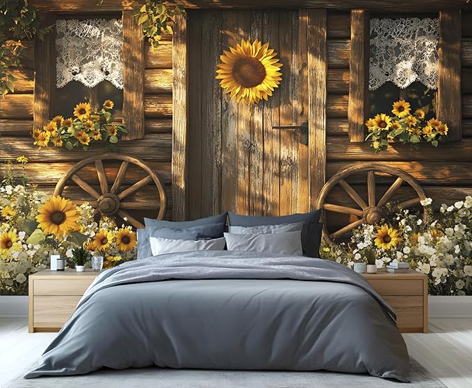 KIREUPA Rustic Cabin Sunflower Wall Mural, Vintage Cottage Door Sunflower 3d Wall Murals, Farmhouse Nature Wallpaper Mural, for Living Room Bedroom Large Wallpaper Indoor Decor 118" W x 82.6 "H