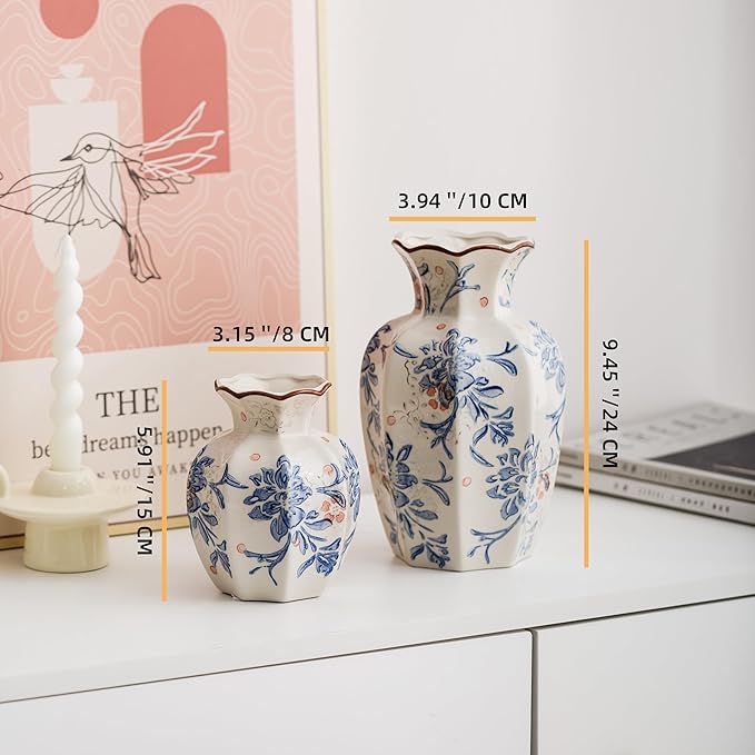 Blue and White Vase, Vintage Blue Ceramic Flower Vessel,Ceramic vases for Home Decor,Vintage Green and Beige for Console Table Mantle Chinoiserie Decor (Blue and White-02, Small)