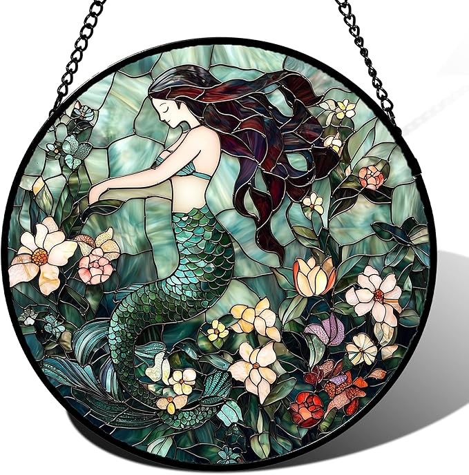 Stained Glass Window Hanging - Teal Sleeping Mermaid Suncatcher for Door Terrace Garden Home Decor, Sea of Flowers Sun Catcher Birthday Gifts for Lovers Women Men Dad Mom Nana 11.8 in