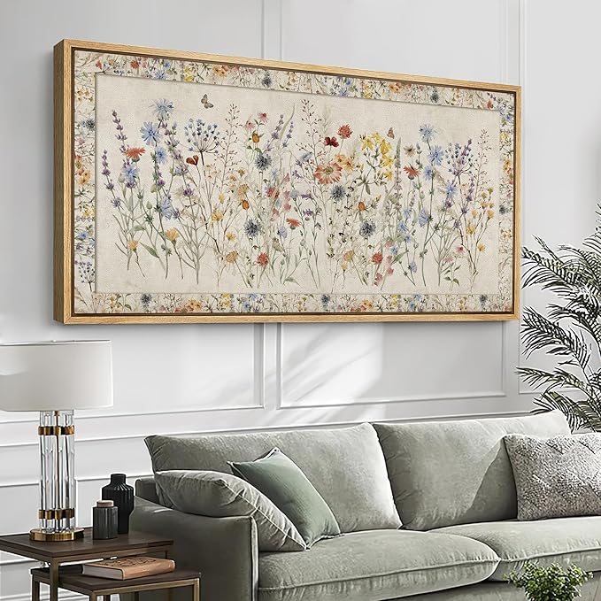 SIGNFORD Extra Large Framed Canvas Print Wall Art Charming Wildflower Botanical Illustrations Modern Art Relax/Calm Warm for Living Room, Bedroom, Office - 60"x30"