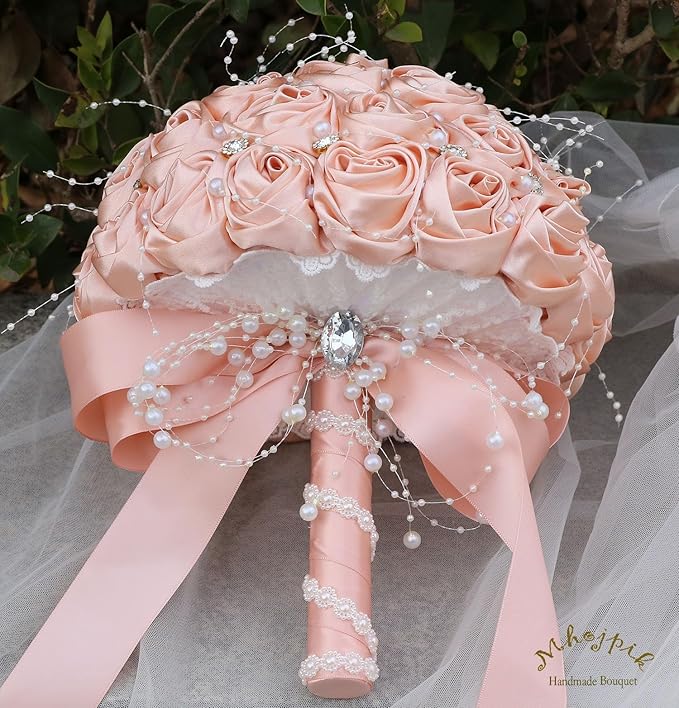 Bridal Wedding Bouquet Round Bling Brooch Bouquet Throw Toss Artificial Rose Flower Bunch for Bride Bridesmaid Wedding Quinceanera(Peach Pink, 8.7")