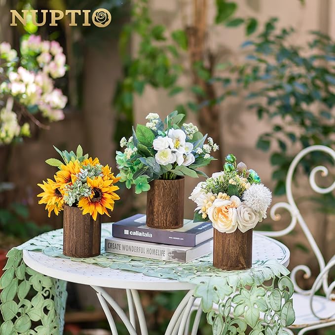NUPTIO Wood Vases Rustic Centerpiece: 2 Pcs 5.1" Wooden Vase for Home Decor - Brown Small Vase for Wedding Table Living Room Shelf Decor