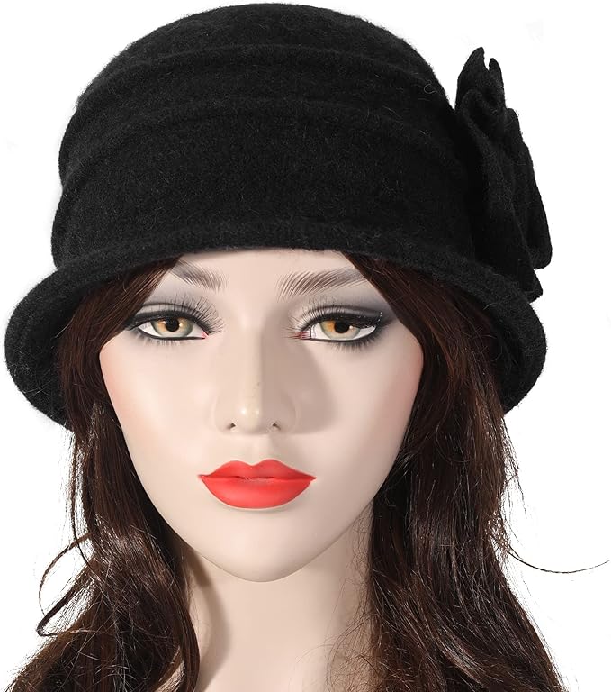 ZLYC Women Wool Cloche Bucket Hat 1920s Vintage Dress Winter Hats with Flower Accent