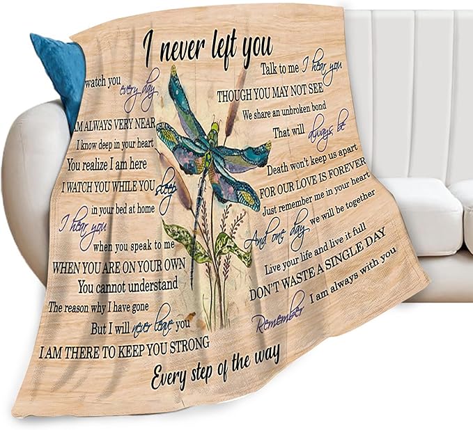 Dragonfly Blanket Memorial Sympathy Gifts for Girls Women Loved One I Never Left You Throw Blanket for Kids Adults Soft Warm Cozy Fleece Blanket for Couch Sofa Bed 50"x60"