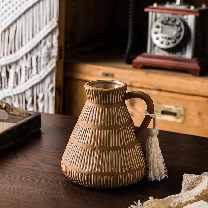 Rustic Farmhouse Vase with Handle and Tassel, Vertical Stripes Terracotta Pottery - Vintage Ceramic Clay for Home Décor, Shelf, Table, Bookshelf, Mantle, Entryway