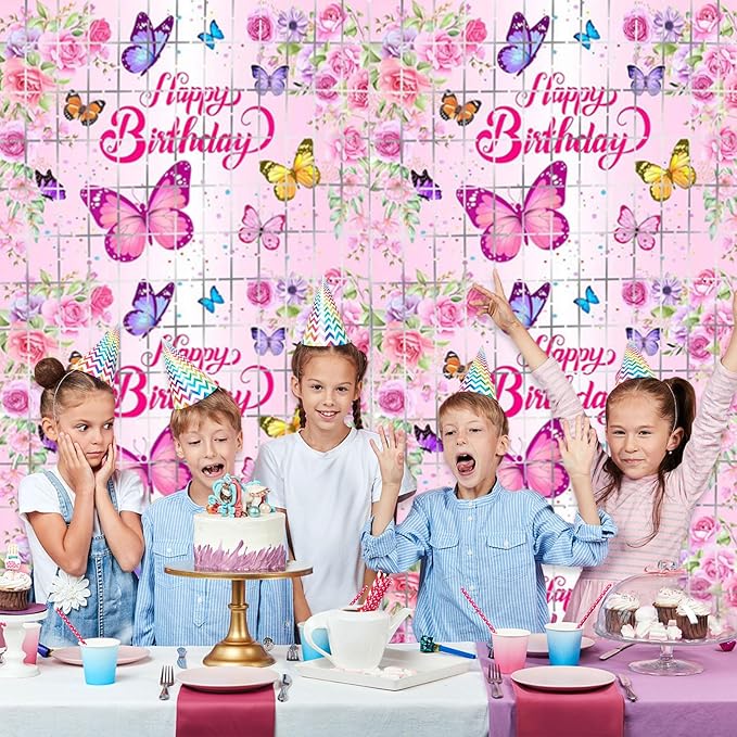 2 Pack Butterfly Foil Fringe Curtains 3.28 x 6.56Ft Butterfly Tinsel Curtain Streamers Backdrop Pink Floral Photo Booth Backdrop Butterflies Birthday Baby Shower Party Decorations for Kids Girls