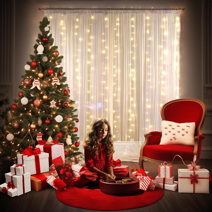 10ft x 8ft White Backdrop Curtain with Lights String for Parties, Sheer Tulle Wedding Photo Backdrops Drapes for Baby Shower Birthday Party Decorations Background for Photography