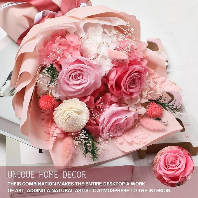 Preserved Flowers for Delivery, Pink Flower Bouquets with Necklace, Forever Real Roses Anniversary Birthday Gifts for Women Mom Wife Girlfriend, Fresh Flowers for Valentines Day Christmas