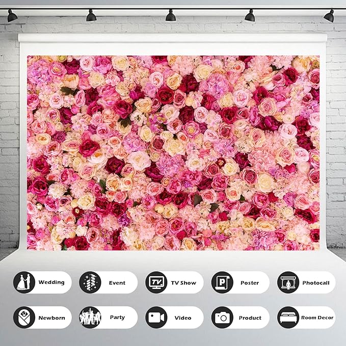Flower Backdrop Pink Red Rose Flowers Floral Wall Photography Background Birthday Baby Shower Wedding Party Banner Anniversary Decorations Children Adults Portrait Video Studio Prop 9x6ft