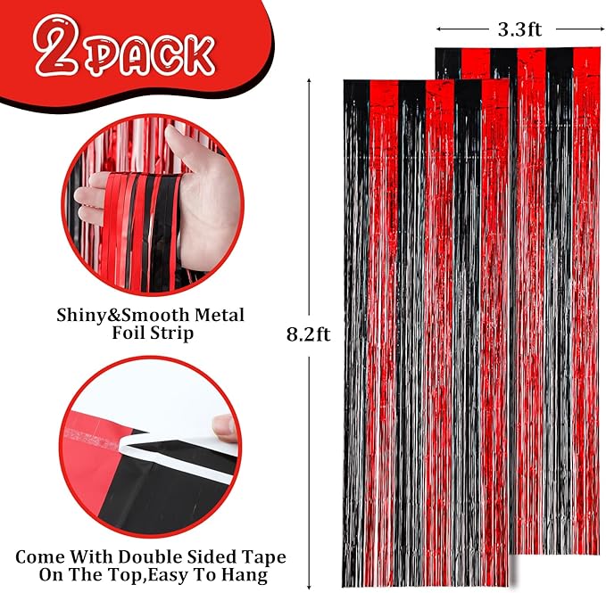2 Pack 3.3x8.2 Feet Red and Black Foil Fringe Backdrop Curtains, Tinsel Streamers Birthday Party Decorations, Fringe Backdrop for Graduation, Movie Night, Horror Party
