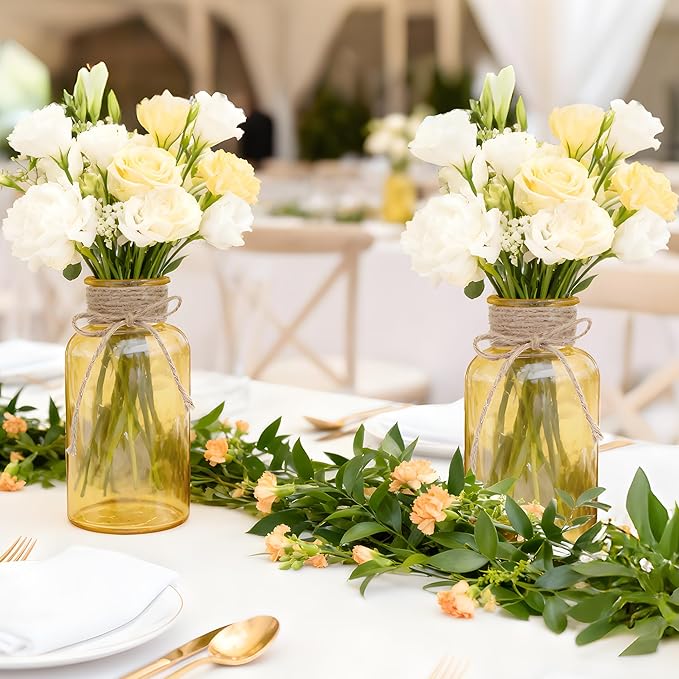 Vintage Glass Flower Vase，6 Pack Gold Amber Farmhouse Glass Centerpiece Vases Mason Jars for Weddings, Parties & Home Decor Bulk (6, Gold)
