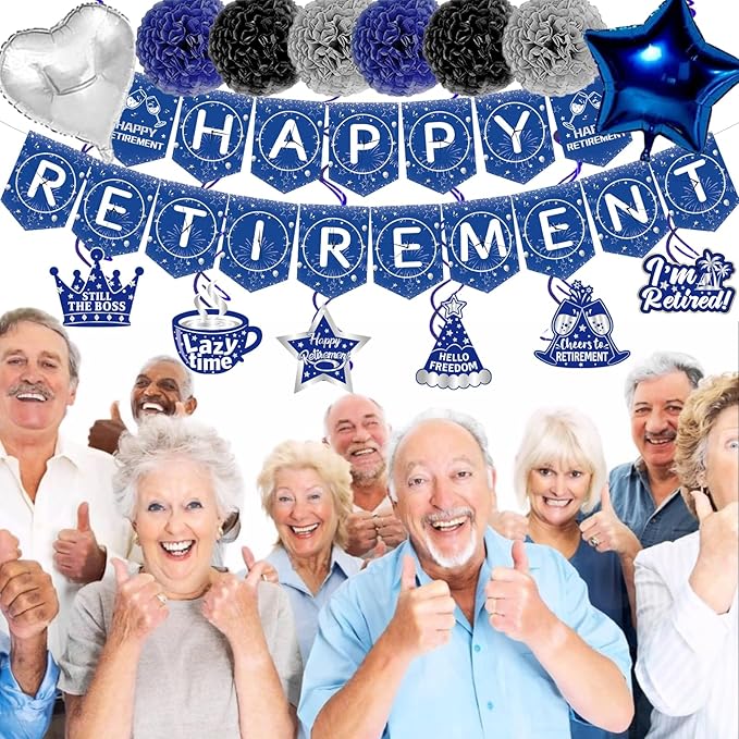 Happy Retirement Party Decorations Blue Retirements Party Decoration for Men Happy Retire Banner Hanging Swirls Foil Balloon Cake Toppers Retire Sash for Blue and Silver Retire Decoration
