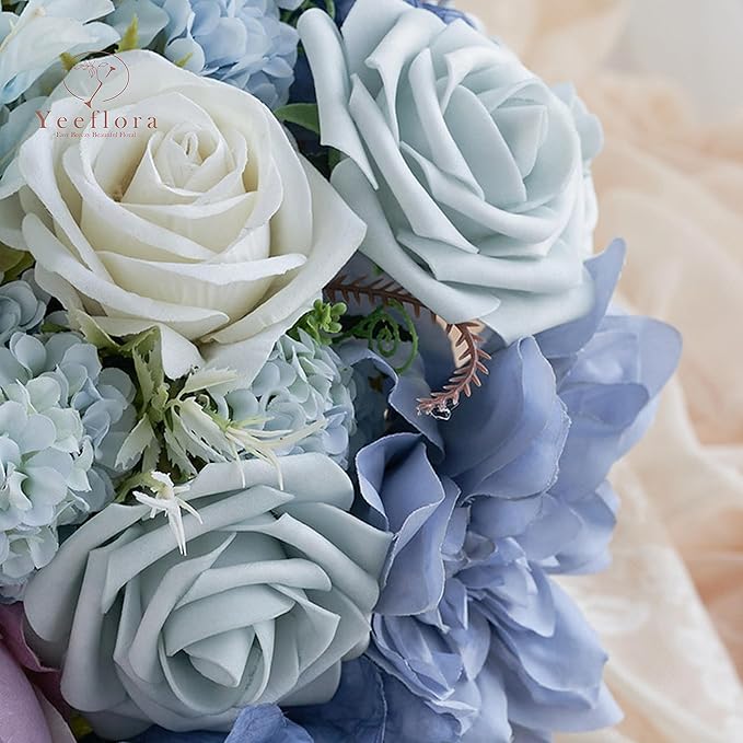 Artificial Flowers, 25pcs Light Blue Flowers Real Looking Artificial Rose for DIY Wedding Bouquets Centerpieces Arrangements, Blue Foam Flowers with Stem for Bridal Shower Party Home Decor