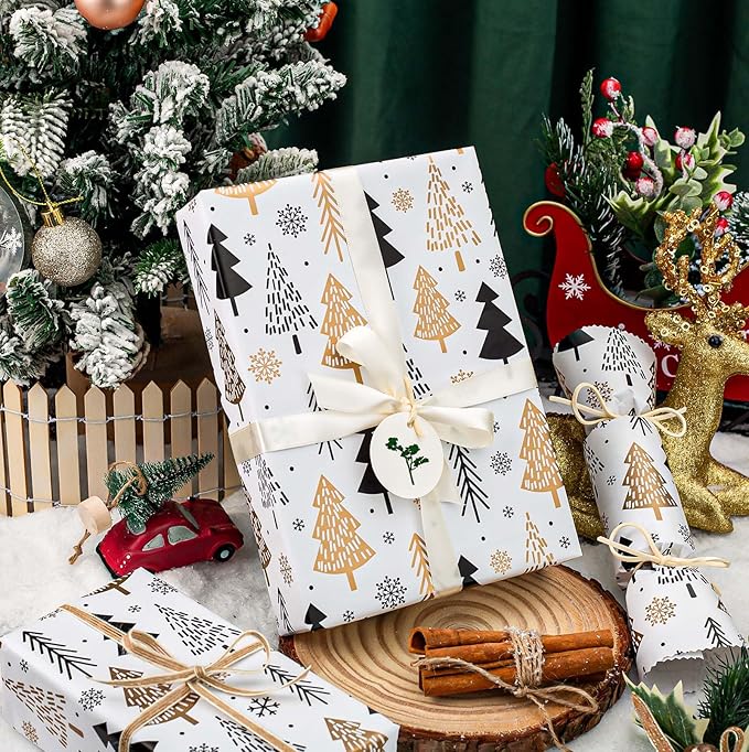 MAYPLUSS Christmas Trees Wrapping Paper - 17 Inch X 33 Feet - Minimalistic Elegant Christmas Trees with Gold Design Winter Holiday Gift Wrap Sheet for Party, DIY Crafts & Festive Decoration