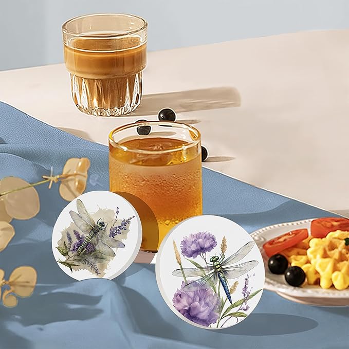 Coaster for Drinks Set of 6, Dragonfly Flower Absorbing Round Ceramic Stone Coaster with Cork Base,Tabletop Protection Mat for Mugs and Cups,Coffee Table Wine Glass Home Bar 4 Inch