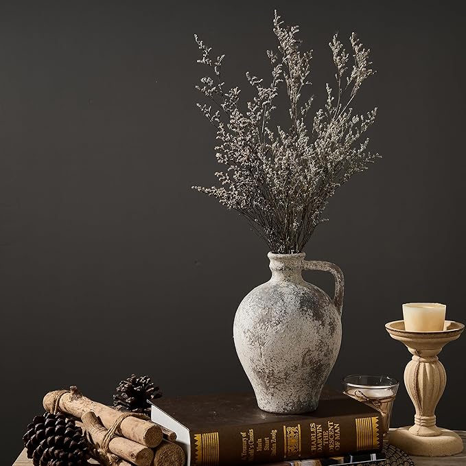 Antique Ceramic Vase, 8.3 Inch Terracotta Vase with Handle, Tuscan Decor Decorative Vase, Rustic Vase for Home Decor, Farmhouse, Living Room, Floor, Wedding, Christmas- Gray