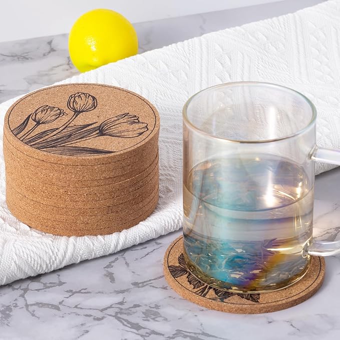 Coasters for Drinks 12 pcs Absorbent Cork Coasters with Flower Coaster for Coffee Table Housewarming Gifts for New Home Present for Friends, Living Room Decor, Apartment Decor
