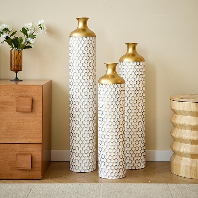Floor Vases, Tall Home Decor Metal Vase Set of 3 Large Glazed Decorative Vases for Wedding Decor, Elegant Modern Flower Holder for Living Room, Entryway, Hallway, Dining Room