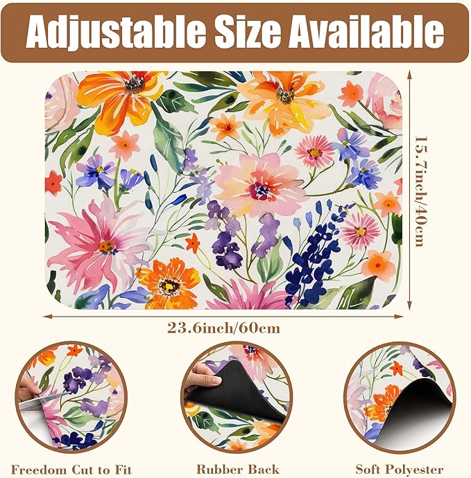 Dish Drying Mat Colorful Wildflowers Coffee Bar Mat for Countertop Rubber Backed Absorbent Hide Stain Dish Drainer Rack Pad Espresso Machine Coffee Table Dining Room Decoration 15.7 x 23.6 Inch