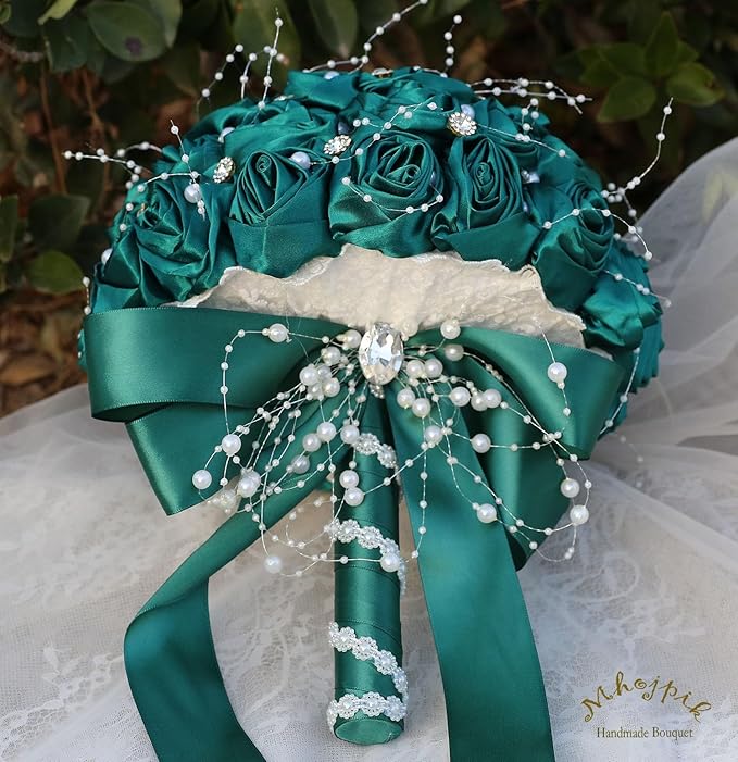 Bridal Wedding Bouquet Round Bling Brooch Bouquet Throw Toss Artificial Rose Flower Bunch for Bride Bridesmaid Wedding Quinceanera(Dark Green, 6.3")