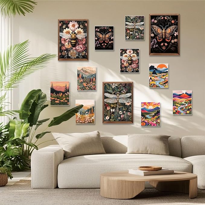 Retro Insect Bee Butterfly Dragonfly Wall Art Set Of 3 12x16In Wood Framed, with 9 Bonus Posters 8"x10", Nature plant Canvas Decoration Paintings Artwork for Office Bedroom Living Room Home Decor