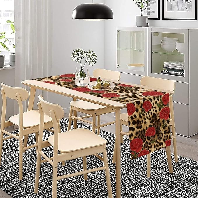 Red Rose Leopard Print Table Runner, Romantic Vintage Rose Flower Spring Summer Dinner Runner Table Decoration for Home Kitchen Dining Holiday Wedding Party 13x120in