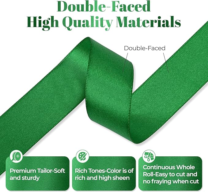 Green Satin Ribbon, Double Faced 1 Inch X 50 Yards Green Ribbon, Premium Satin Ribbon for Gift Wrapping, Crafts, Hair Bow Making, Sewing, Flower Bouquet, Wedding Party Decor