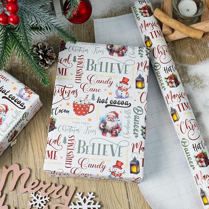 MAYPLUSS Christmas Wrapping Paper Roll - 17 In x 33 Feet - Cute Watercolor Santa Claus Snowman Christmas Gift Wrap Paper for New Year, Holiday, Kids