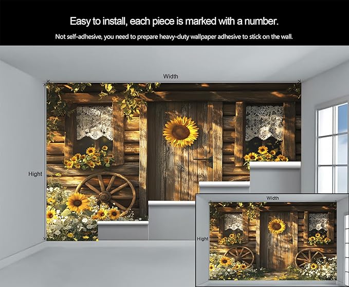 KIREUPA Rustic Cabin Sunflower Wall Mural, Vintage Cottage Door Sunflower 3d Wall Murals, Farmhouse Nature Wallpaper Mural, for Living Room Bedroom Large Wallpaper Indoor Decor 118" W x 82.6 "H