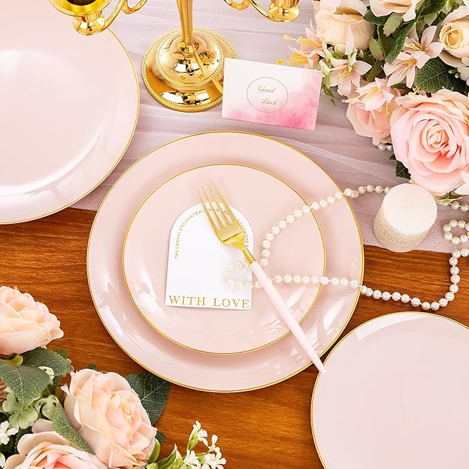 Liacere 150PCS Plastic Plates-Gold Plastic Silverware with Pink Handle - Pink Disposable Plates Include 30 Guests Plates, Forks, Spoons, Knives for Wedding＆Easter Day＆Mother's Day＆Valentine's Day